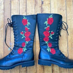 Forever 21 Black Lace-Up Boots with Red Floral Embroidery